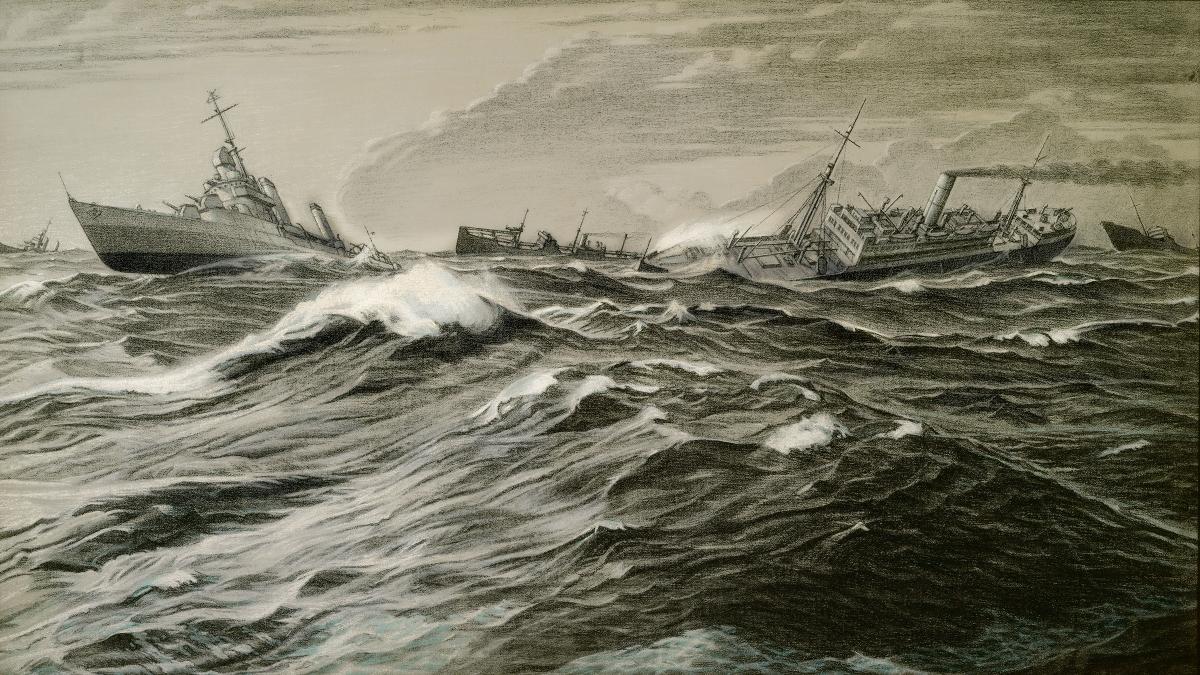  A destroyer leads transports through heavy seas in Lieutenant Commander Griffith Baily Coale’s Convoy off Iceland—Increasing Gale. Coale’s first assignment as a U.S. Navy combat artist was in the North Atlantic.